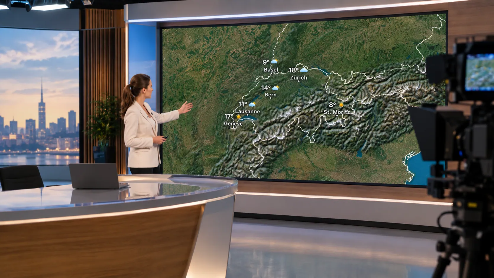 TV weather studio showing a live Skycaster map of Switzerland on the video wall